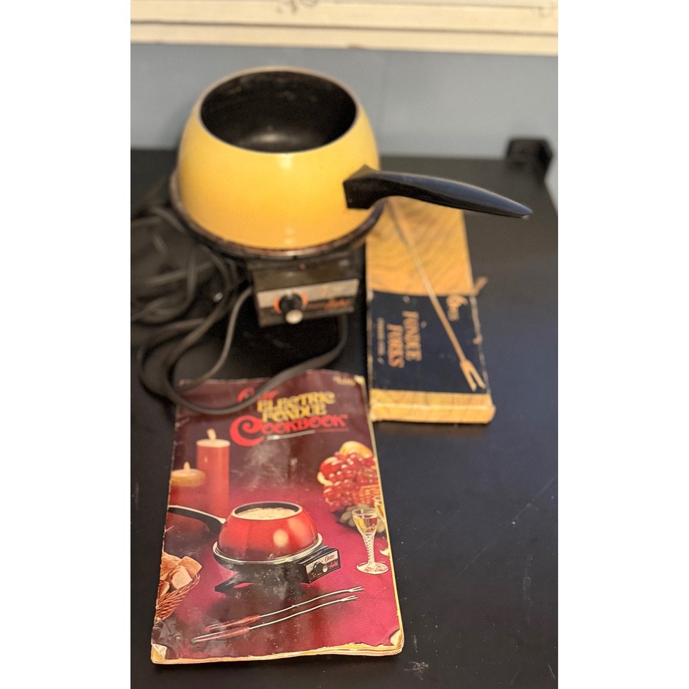 Vintage Oster Electric Fondue Pot Set Harvest Gold MCM Pot Forks Cookbook